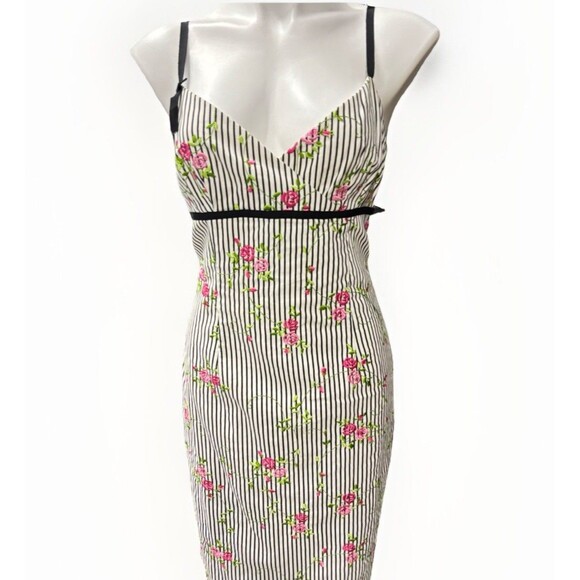 Y2K Maggy London floral Embroidered Roses Striped Babydoll Dress Sz12 - Picture 4 of 12